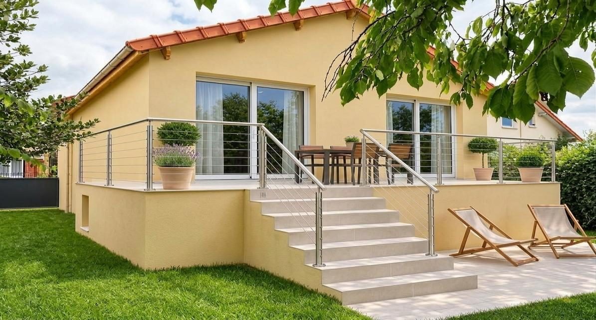 Extension enduite sous toiture en tuiles avec terrasse et large perron, Ris-Orangis