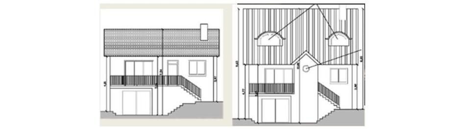 Façades existante et projetée de la maison avant et après rehausse