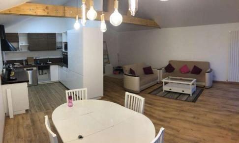 Grande pièce de vie avec salle à manger et salon sous charpente apparente