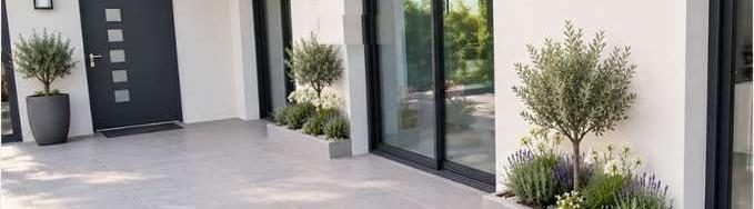 Terrasse en grès cérame grand format menant à la porte d’entrée, bacs plantés d’oliviers
